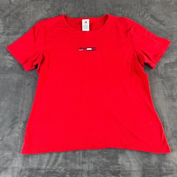 Tommy Hilfiger Size XL Red Striped Spellout Logo T-Shirt 100% Cotton Y2K Retro - Picture 1 of 7